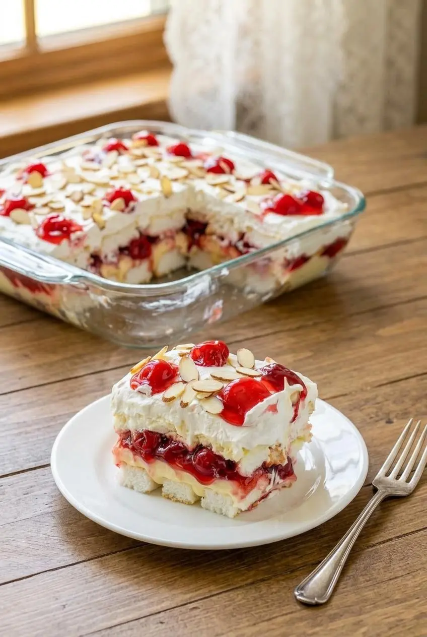A single square portion of cherry layered cake served on a rustic plate next to the baking dish.