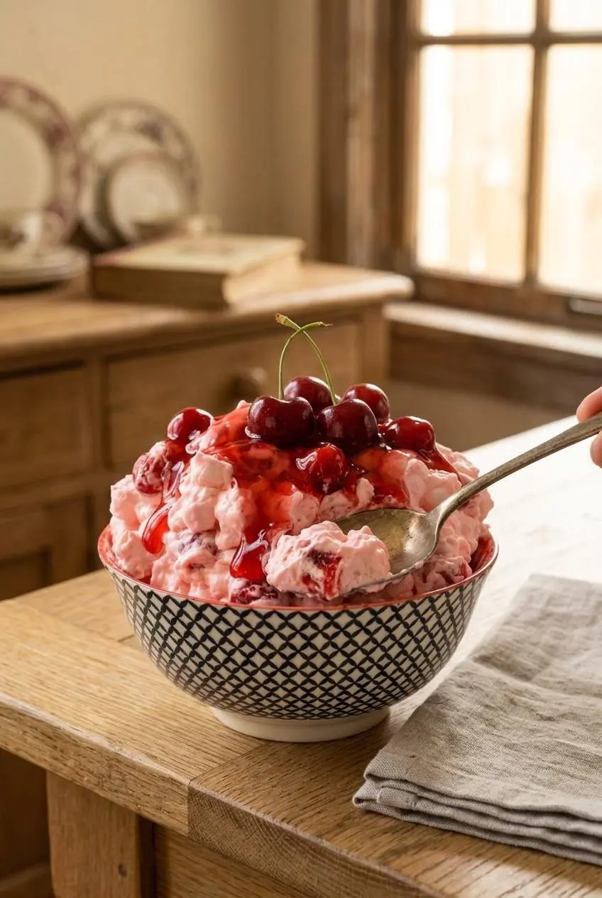 A spoon scooping fluffy cherry cheesecake dessert from a glass bowl sitting on a light oak wooden table.