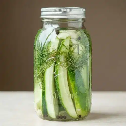 A large glass jar of crisp dill pickles from a homemade dill pickles recipe, showing slices, fresh dill, and garlic cloves in a clear brine.