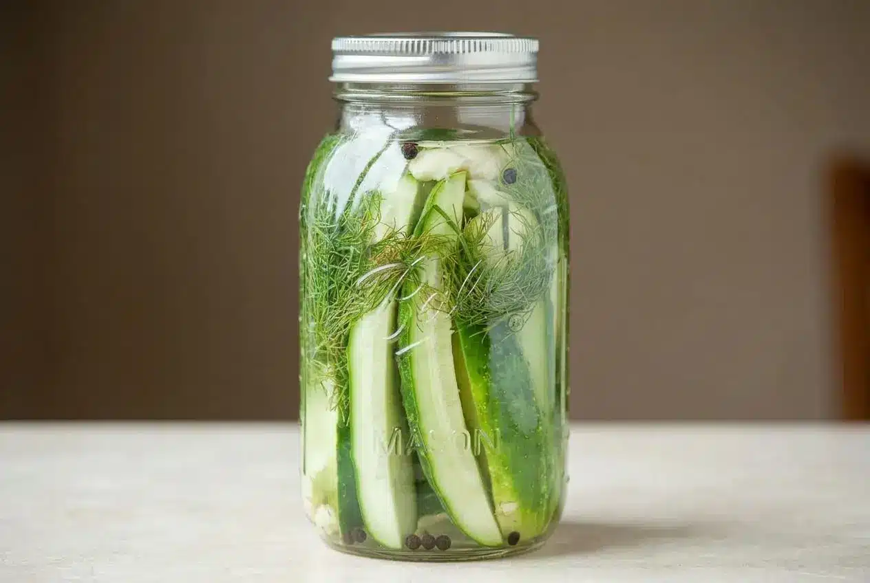 A large glass jar of crisp dill pickles from a homemade dill pickles recipe, showing slices, fresh dill, and garlic cloves in a clear brine.