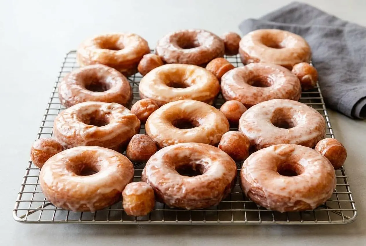 A stack of homemade Glazed Doughnuts from a recipe, showing their shiny, set vanilla glaze and soft, pillowy shape.