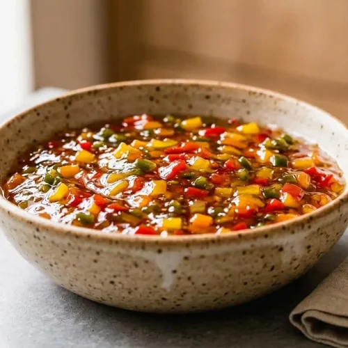 A spoonful of glossy homemade pepper jelly, showing finely diced red and green peppers suspended in a clear, perfectly set jelly.