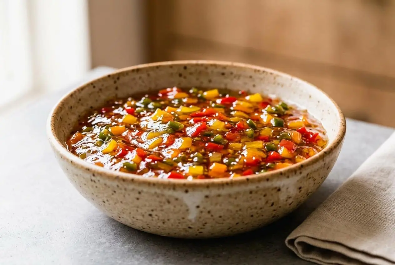 A spoonful of glossy homemade pepper jelly, showing finely diced red and green peppers suspended in a clear, perfectly set jelly.