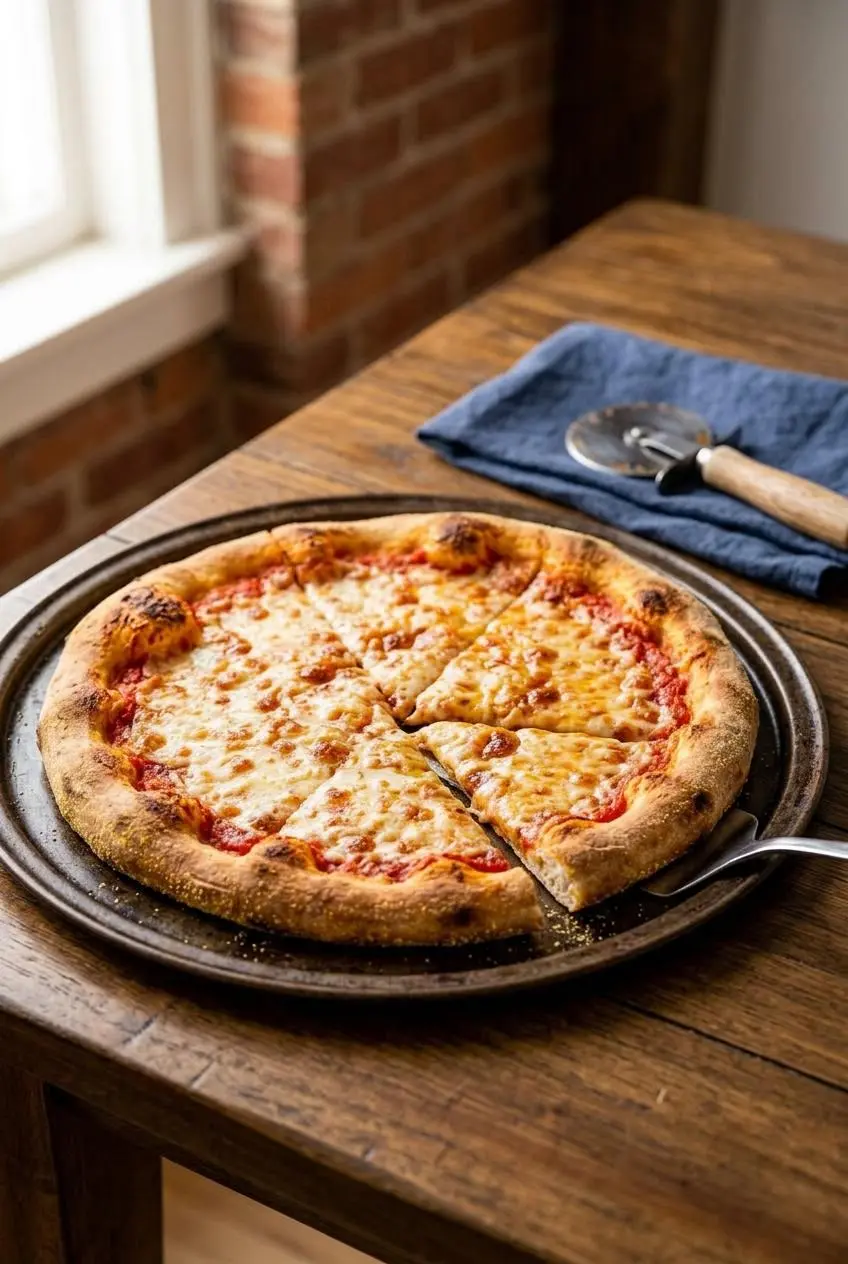 A freshly baked cheese pizza, sliced and ready to serve on a dark baking pan, sitting on a wooden table with a pizza cutter nearby.