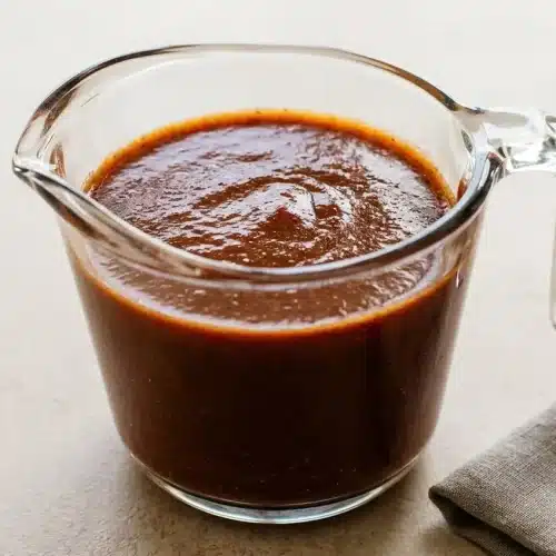 A white ceramic pitcher filled with rich, smooth homemade red enchilada sauce, set on a dark, rustic surface.