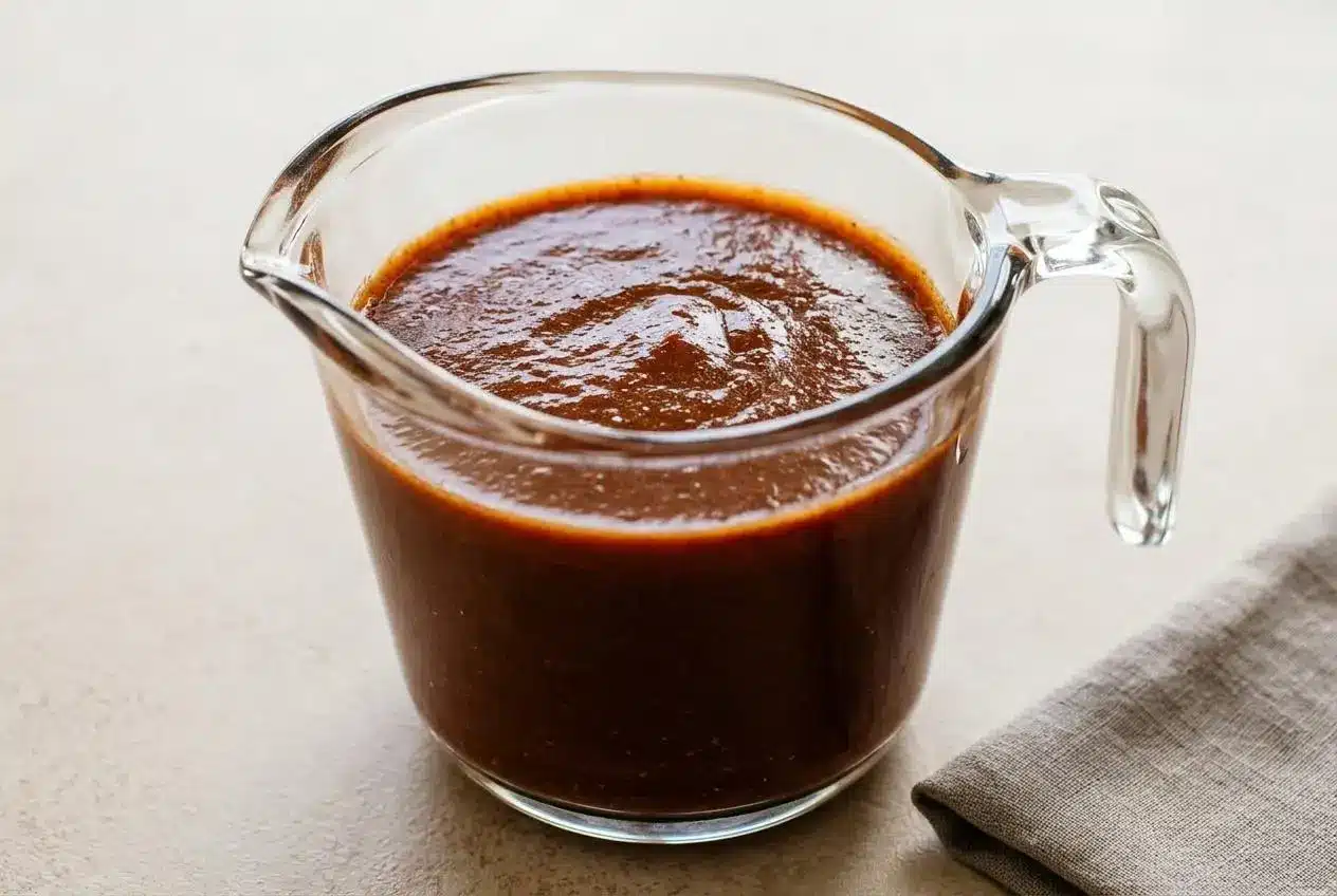 A white ceramic pitcher filled with rich, smooth homemade red enchilada sauce, set on a dark, rustic surface.