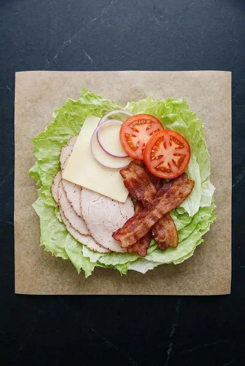 A top-down view of lettuce wrap ingredients being assembled on parchment paper, with turkey, bacon, and tomato layered on a bed of