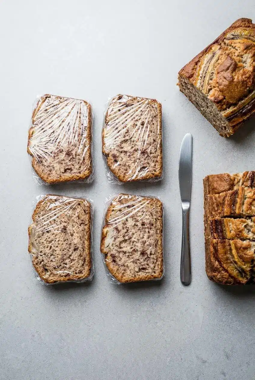 A top-down view of four individual banana bread slices tightly wrapped in plastic wrap on a gray quartz countertop.