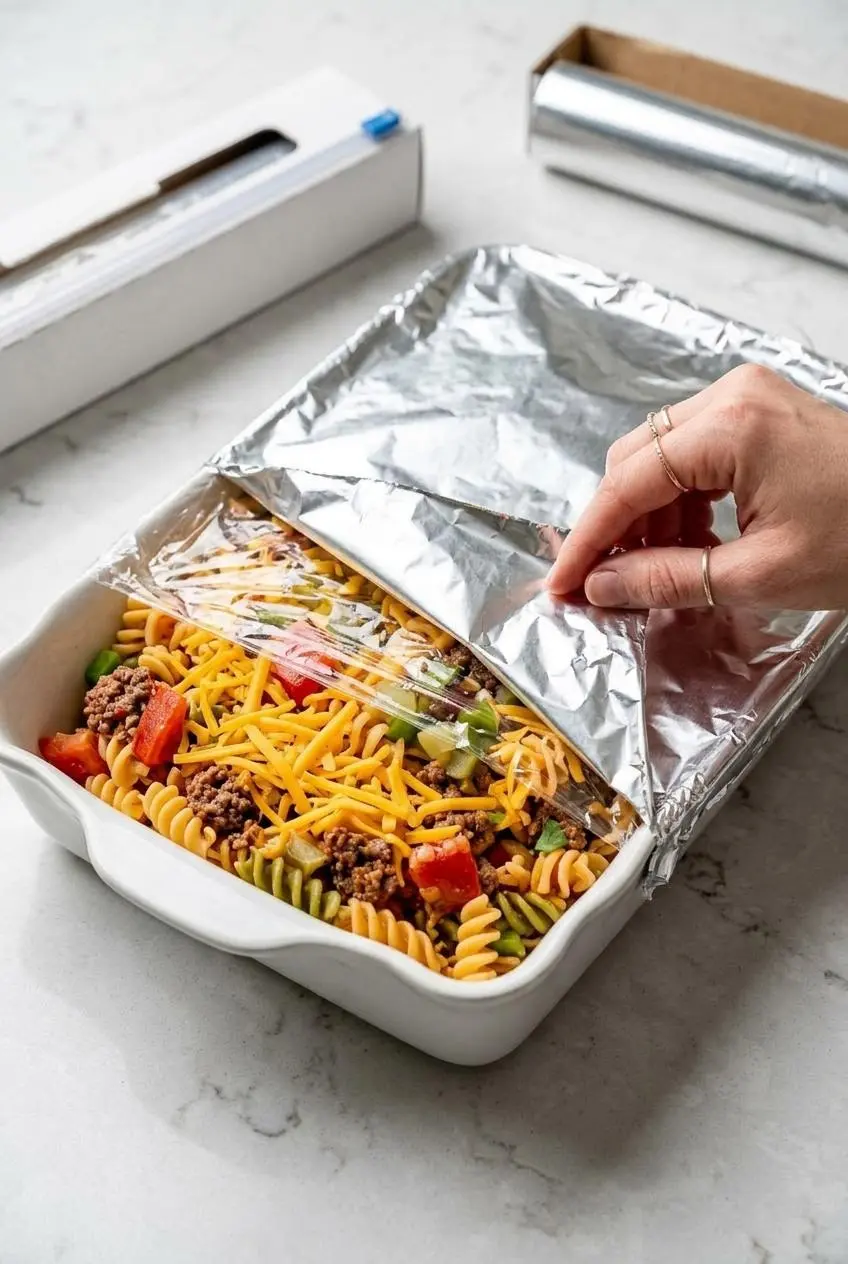 An unbaked cheeseburger casserole in a white dish being covered with plastic wrap and aluminum foil to prepare it for freezing.