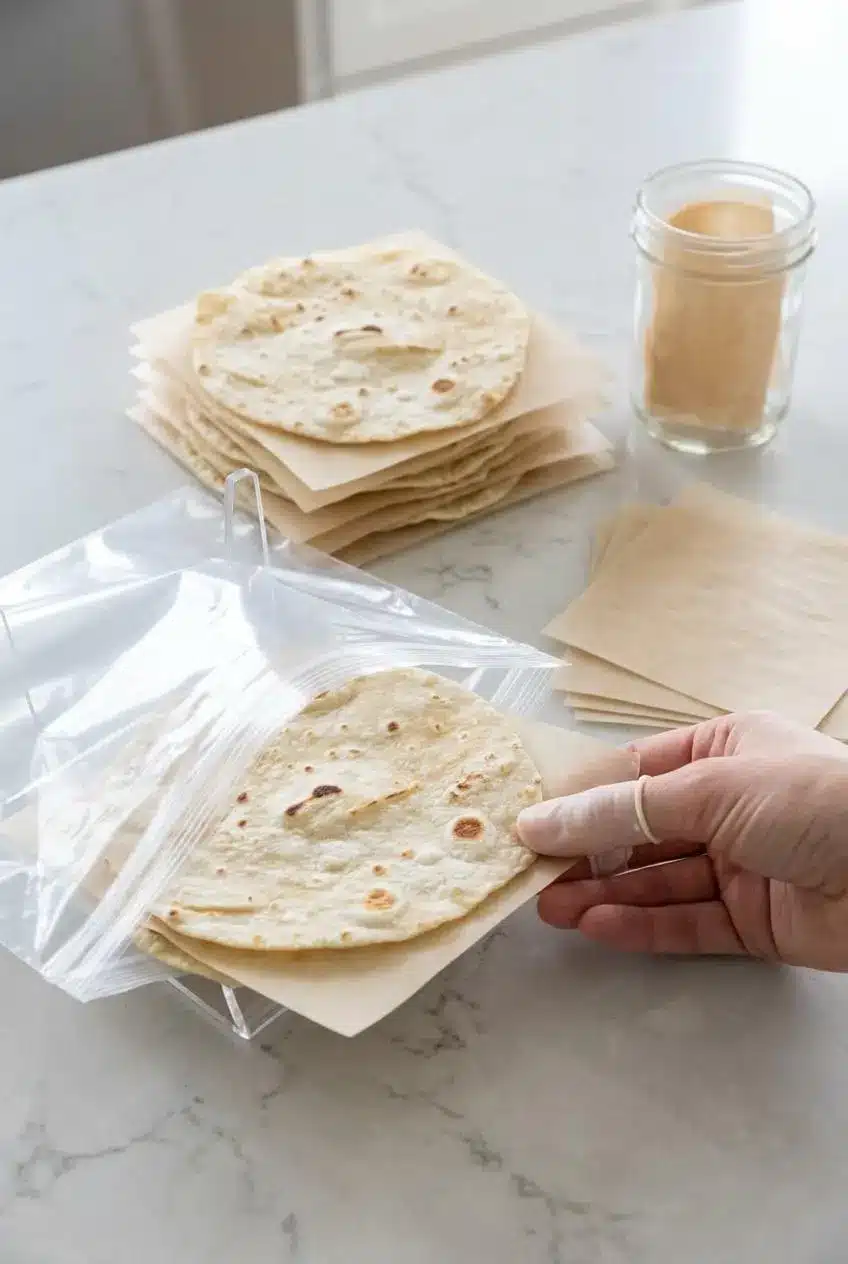 Homemade flour tortillas being stacked with squares of parchment paper between them and placed into a clear freezer bag for storage.