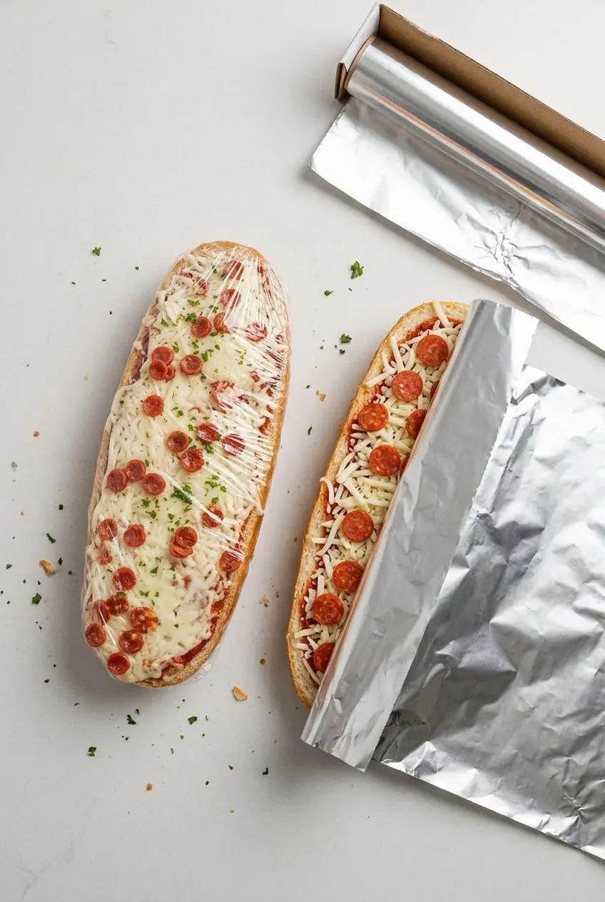 An overhead view of two unbaked French bread pizzas being prepared for freezing on a countertop, one wrapped in plastic.