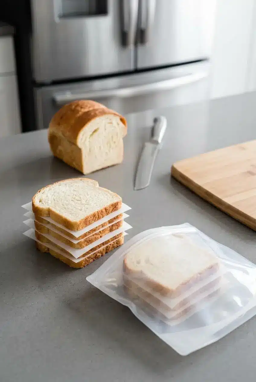 Slices of white bread arranged on a countertop with squares of parchment paper between them, ready to be placed in a bag for freezing.