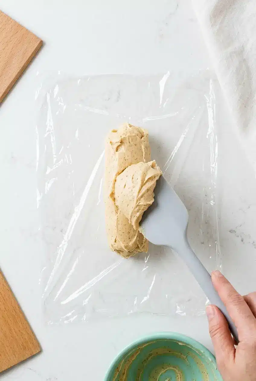 An overhead shot of honey butter being scraped from a bowl onto clear plastic wrap with a spatula, to be formed into a log for storage.