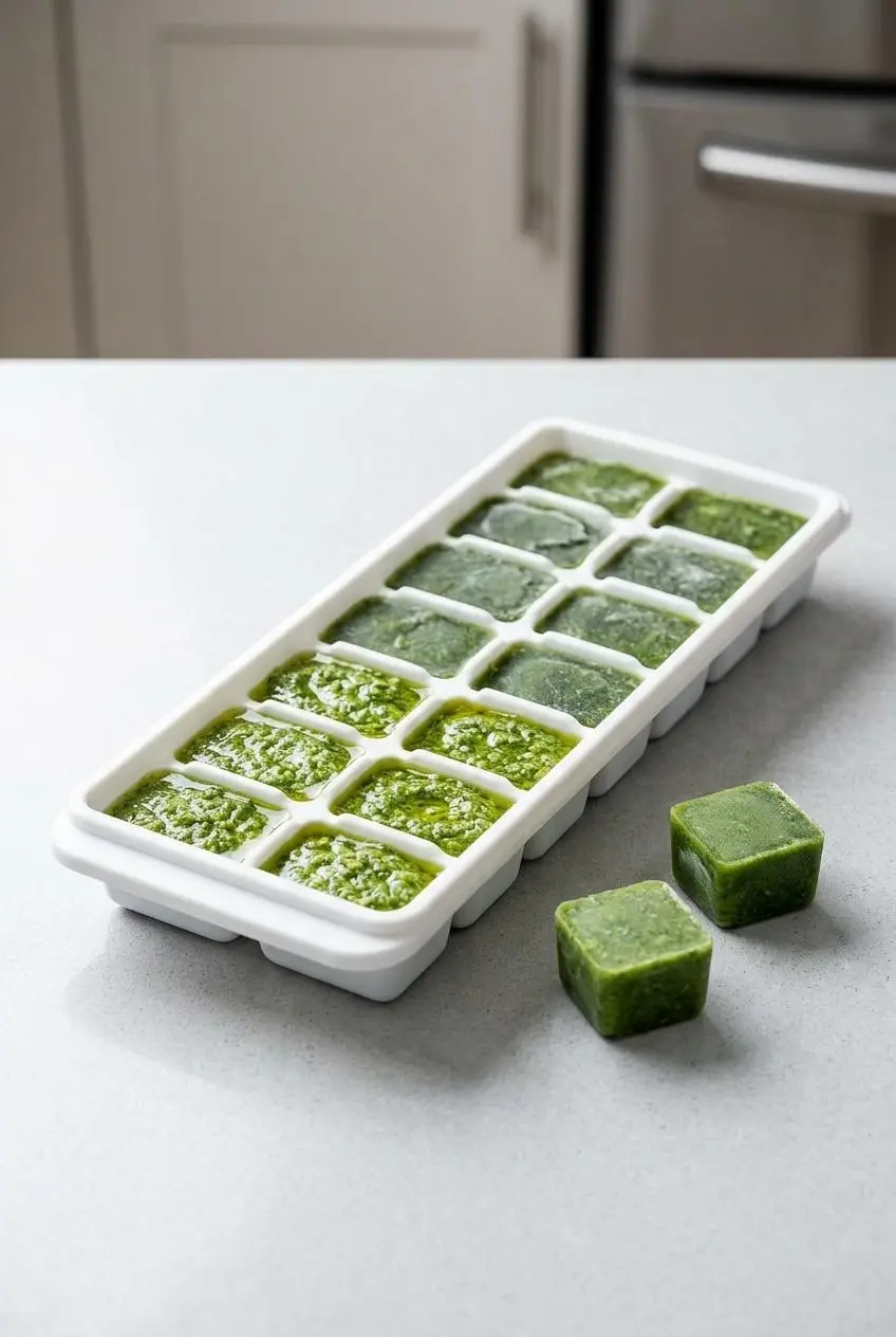 A white silicone ice cube tray being filled with basil pesto, with a few frozen pesto cubes next to it.