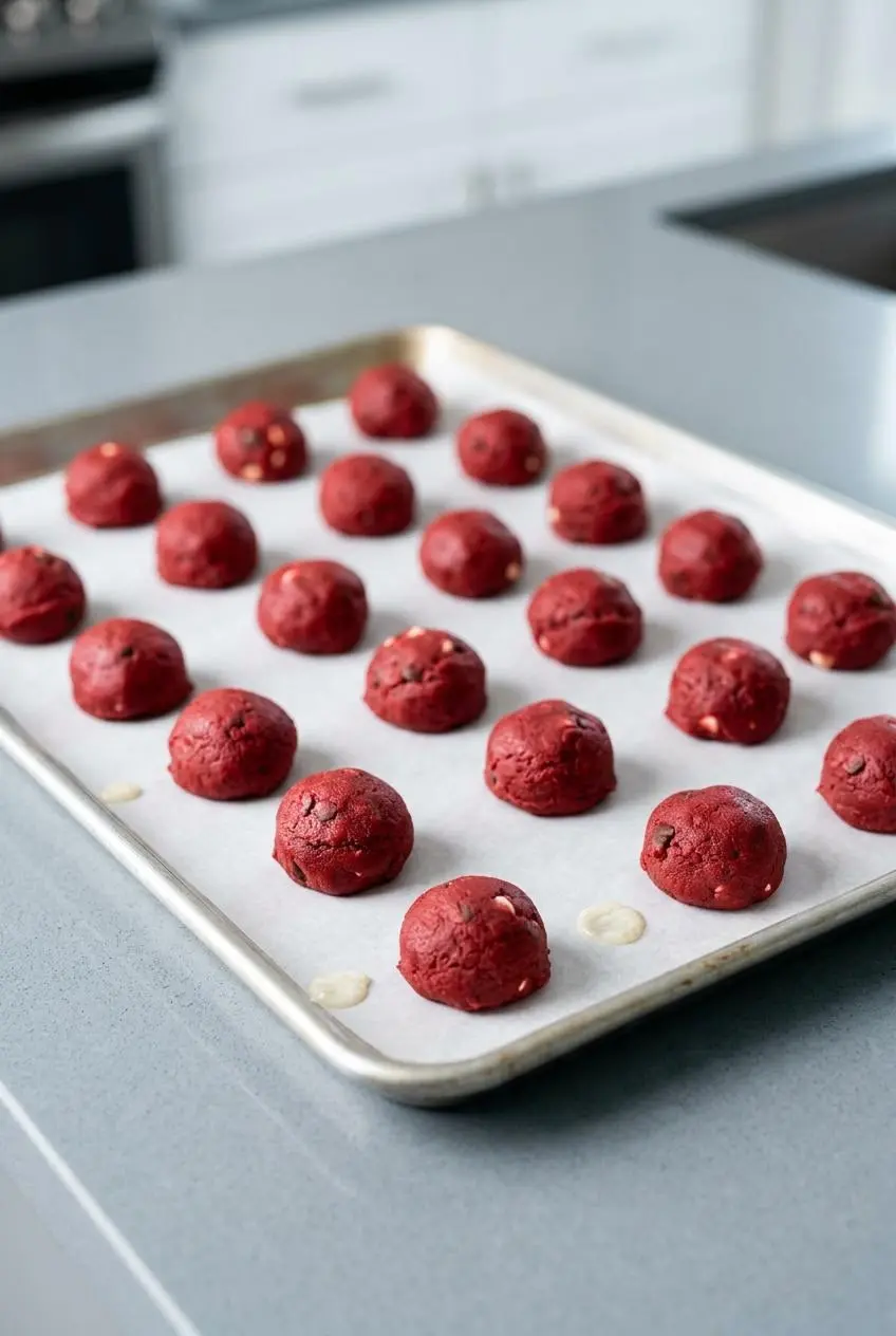 Balls of vibrant red velvet cookie dough arranged neatly on a parchment-lined baking sheet, ready for the freezer.