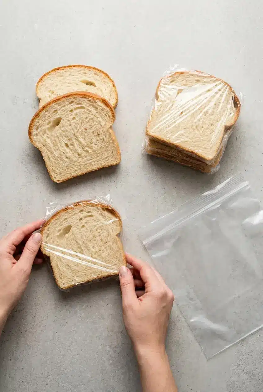 Top-down view of homemade sandwich bread slices being wrapped in plastic wrap on a countertop, prepared for freezing.