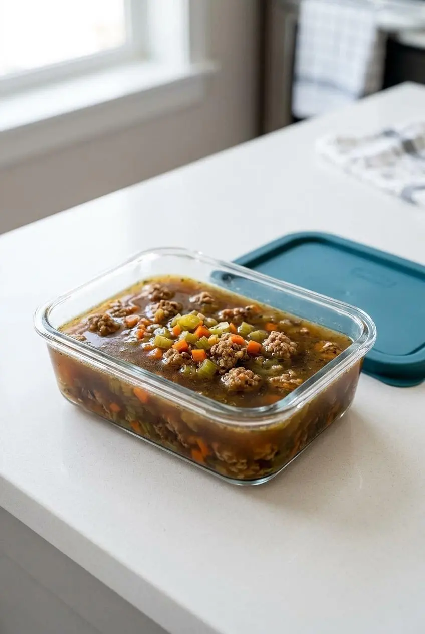 The base for sausage gnocchi soup, with sausage and vegetables in broth, in a glass container ready for freezing.