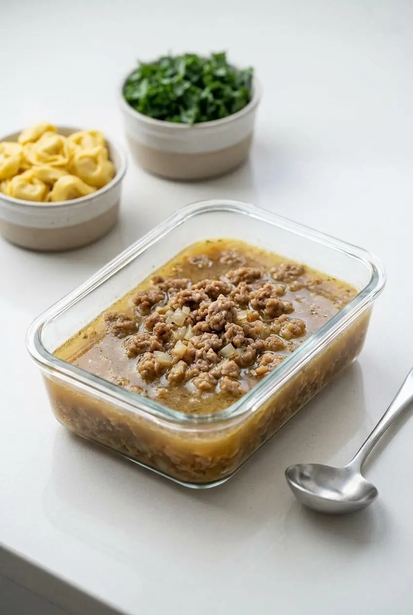 A glass container holds the sausage and broth base for tortellini soup, ready for freezing, with kale and tortellini shown separately.