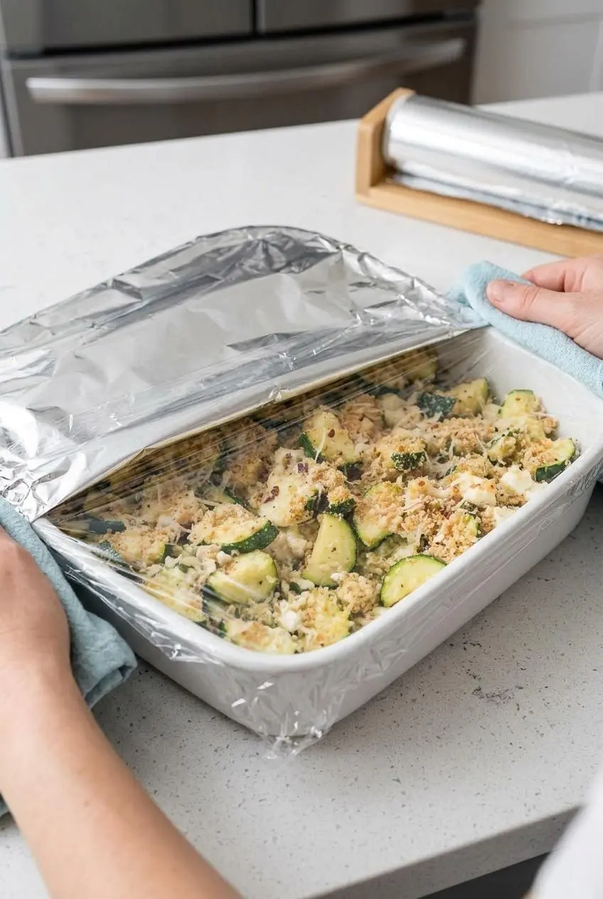 An unbaked zucchini casserole in a white baking dish is being double-wrapped with foil and plastic wrap for freezing.
