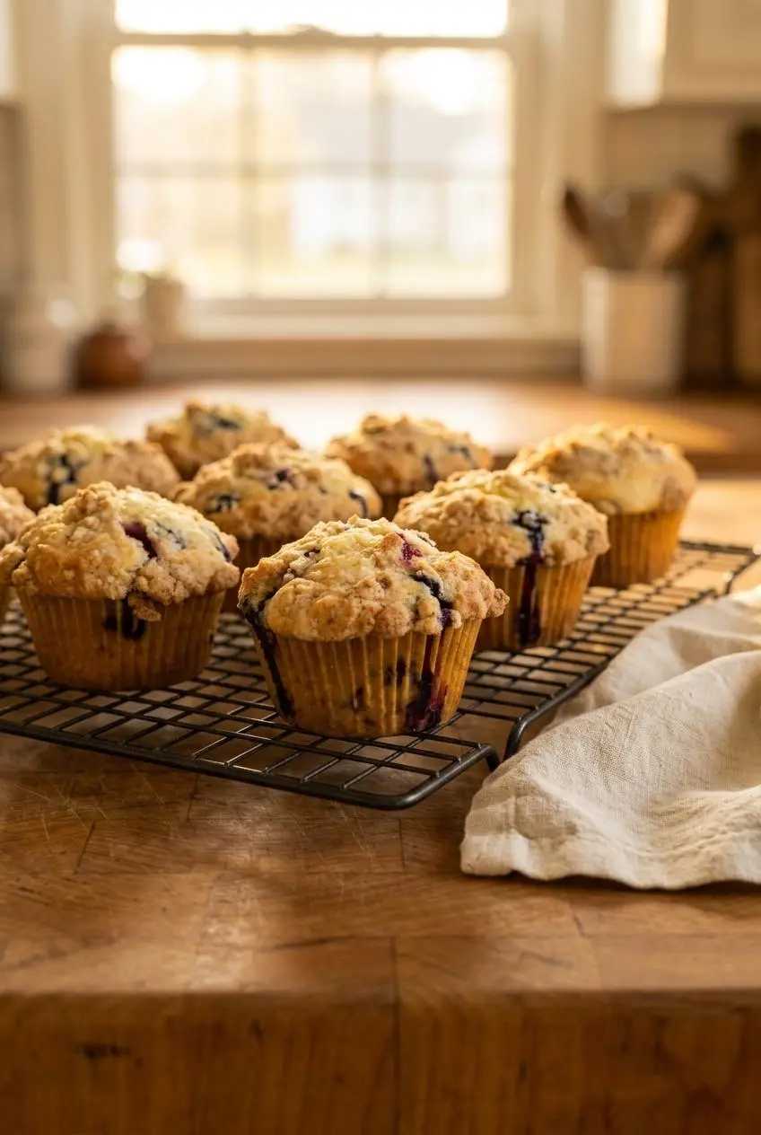 Several freshly baked blueberry muffins with streusel tops cooling on a black wire rack set on a wooden countertop.