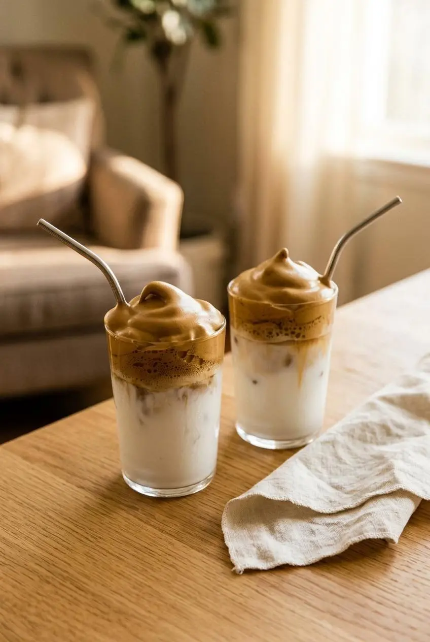 Two tall glasses of finished coconut whipped coffee sit on a light oak dining table in the morning sun.