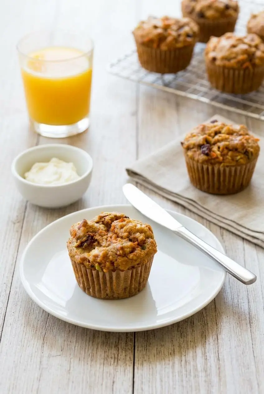 A morning glory muffin on a white plate with cream cheese, with more muffins and a glass of orange juice in the background.