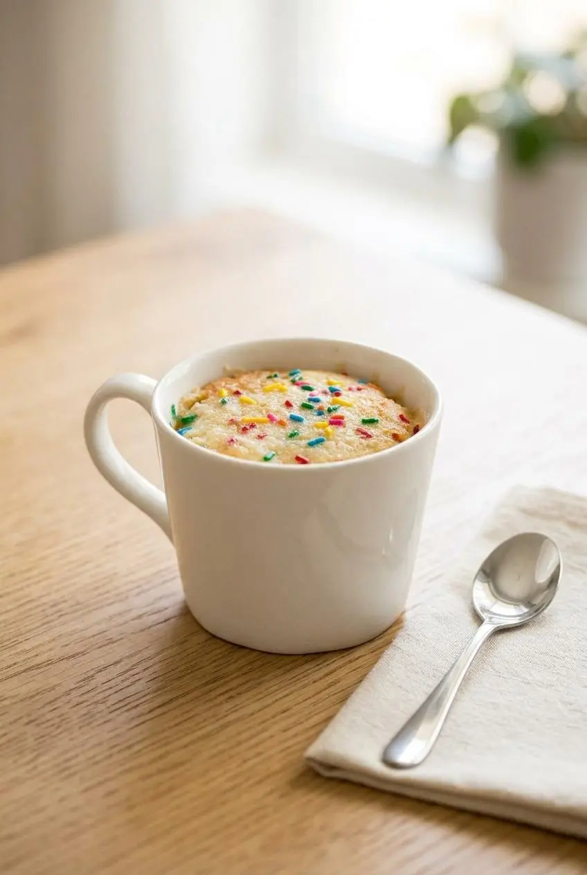 A freshly made vanilla mug cake with sprinkles served on a wooden table with a napkin and spoon, ready to be eaten.