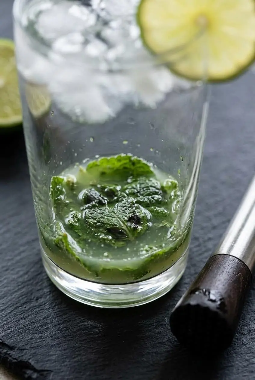 A close-up view inside a glass showing bruised green mint leaves muddled in cloudy lime juice. A wooden muddler rests out of focus nearby.