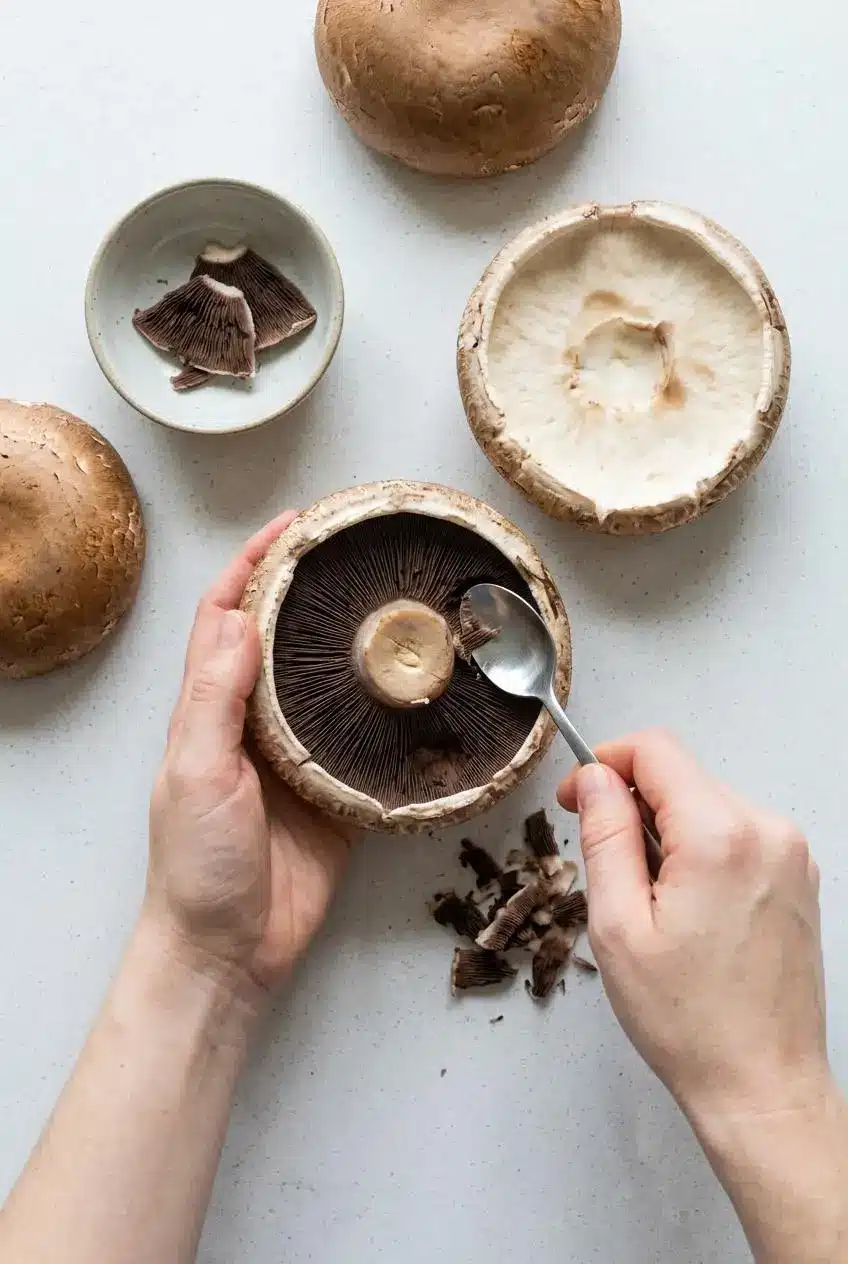 A person's hands use a spoon to gently scrape the dark gills from the underside of a large portobello mushroom on a kitchen counter.