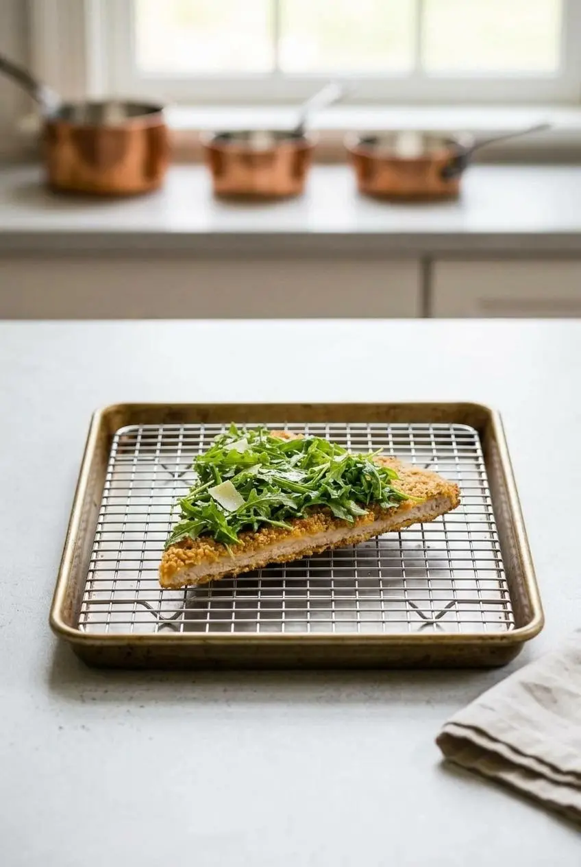 A slice of leftover chicken Milanese on a wire rack placed inside a baking sheet, demonstrating how to reheat it for maximum crispness.