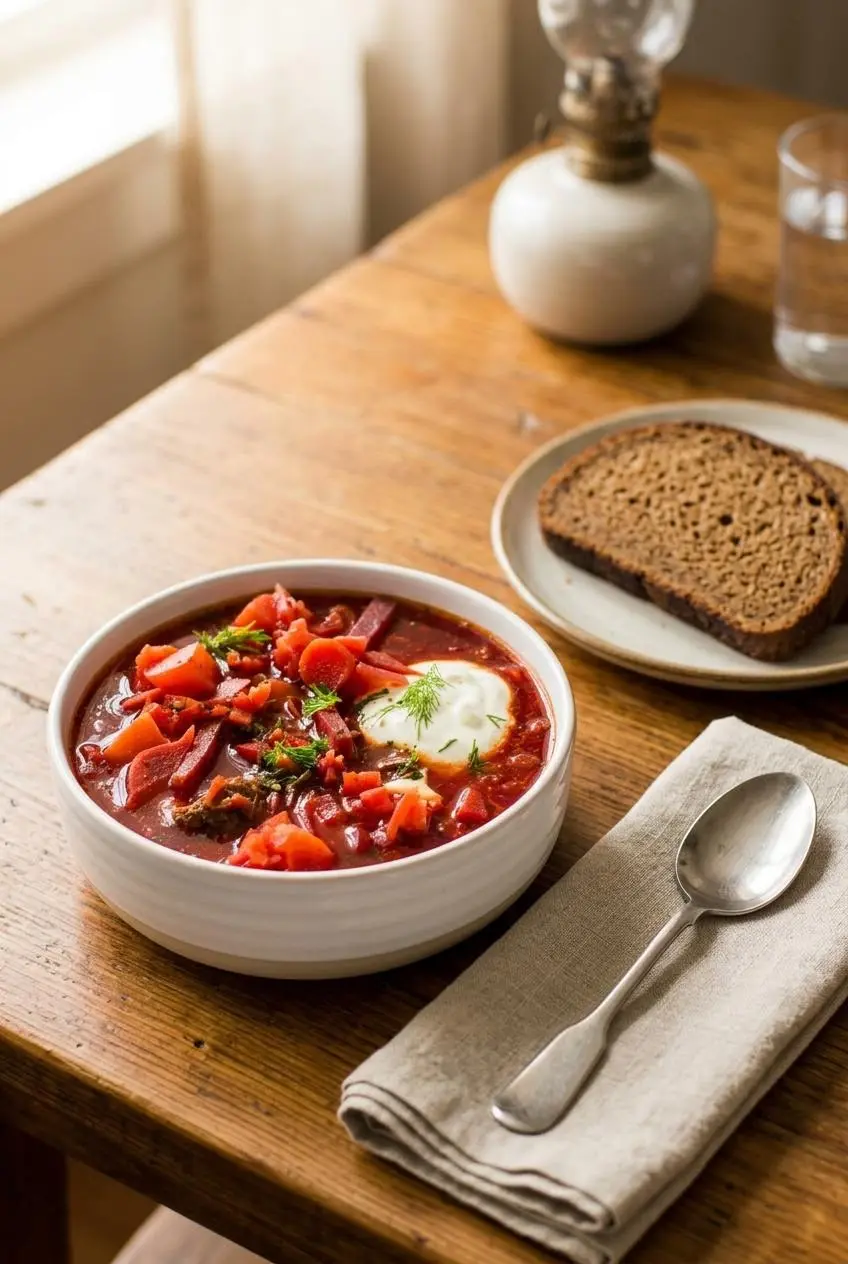 A bowl of borscht served traditionally on a wooden table with a dollop of sour cream, fresh dill, and a slice of rye bread on the side.