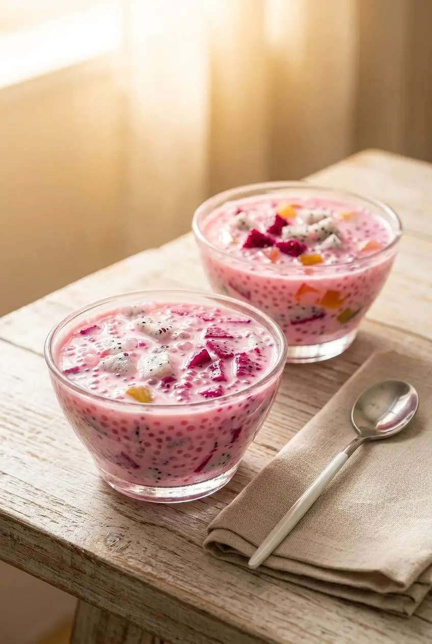 Two glass bowls of chilled dragonfruit sago on a light wooden table, ready to eat with dessert spoons.