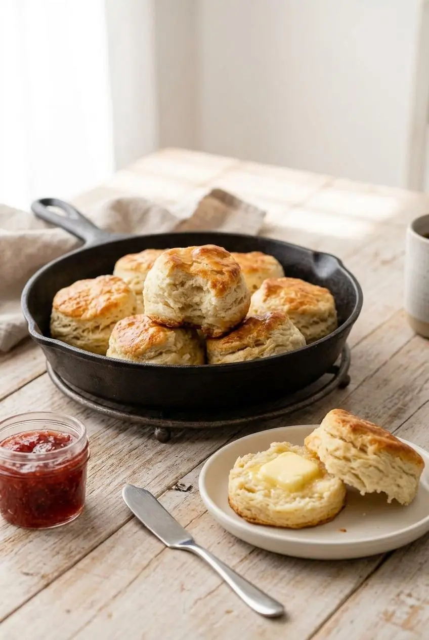 A golden-brown biscuit split open on a white plate with melting butter, next to a jar of strawberry jam and a cast iron skillet of more