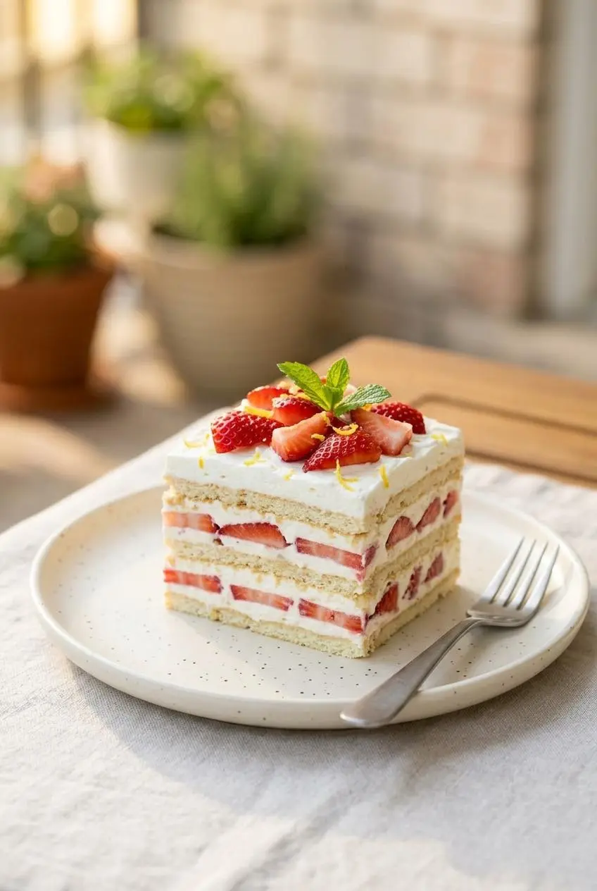A neatly cut square of strawberry lemonade icebox cake garnished with fresh mint and lemon zest on a plate.