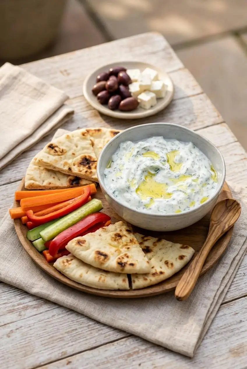 A bowl of tzatziki sauce served as a dip with fresh pita bread wedges, carrot sticks, and sliced red bell peppers on a wooden table.