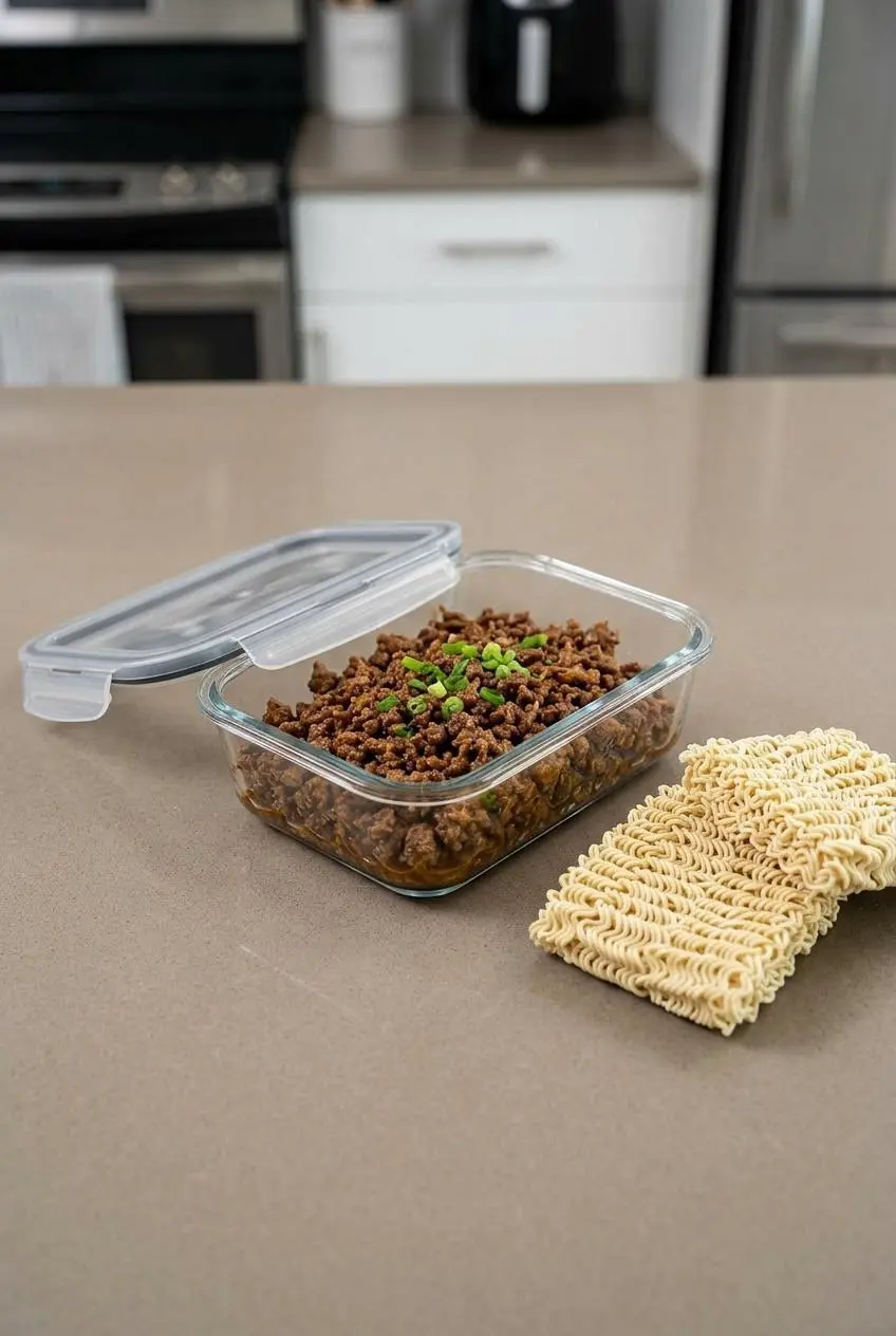 A glass container of saucy cooked ground beef next to two blocks of uncooked instant ramen noodles, showing how to store them separately for