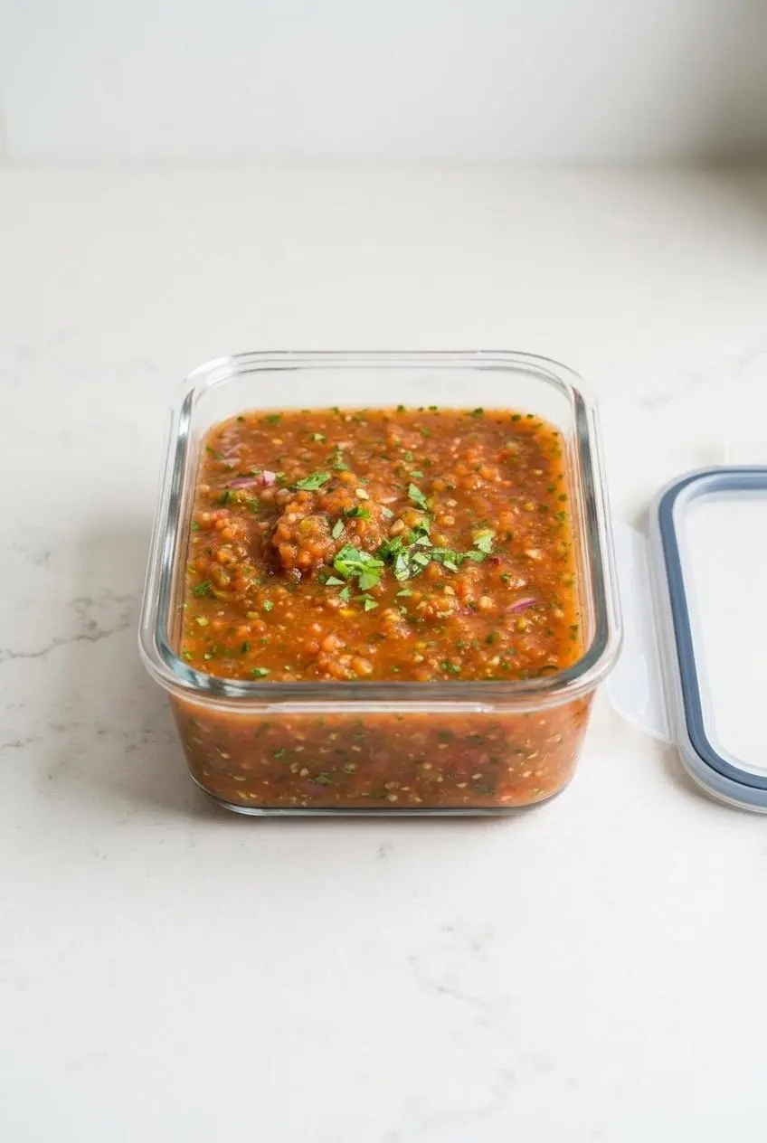Fresh blender salsa stored in a rectangular glass airtight container on a kitchen counter, ready to be refrigerated.