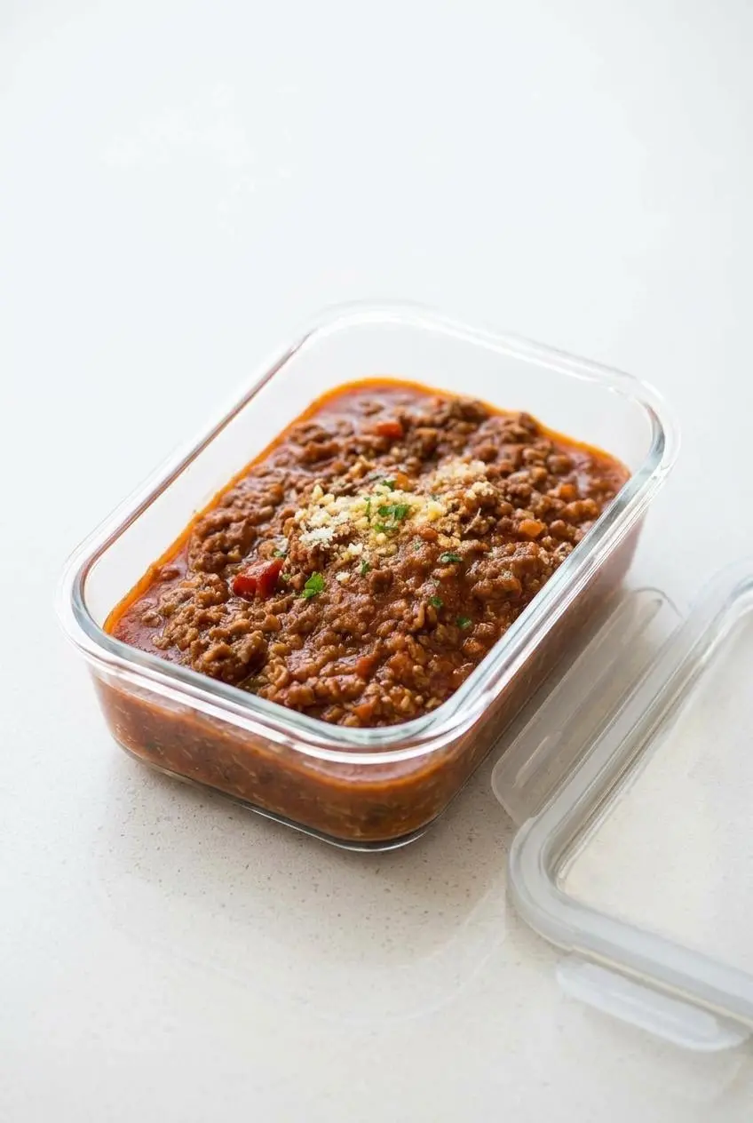 A glass food storage container filled with cooled bolognese sauce, with the lid beside it, ready for refrigeration or freezing.