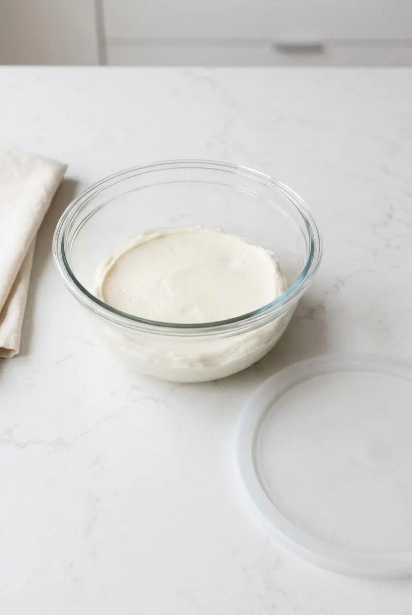 A glass bowl of finished buttercream frosting on a white countertop, with a silicone lid next to it, ready for storage.