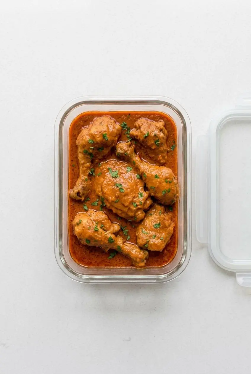 A top-down view of leftover chicken paprikash with bone-in chicken and sauce in a rectangular glass container, ready for storage.