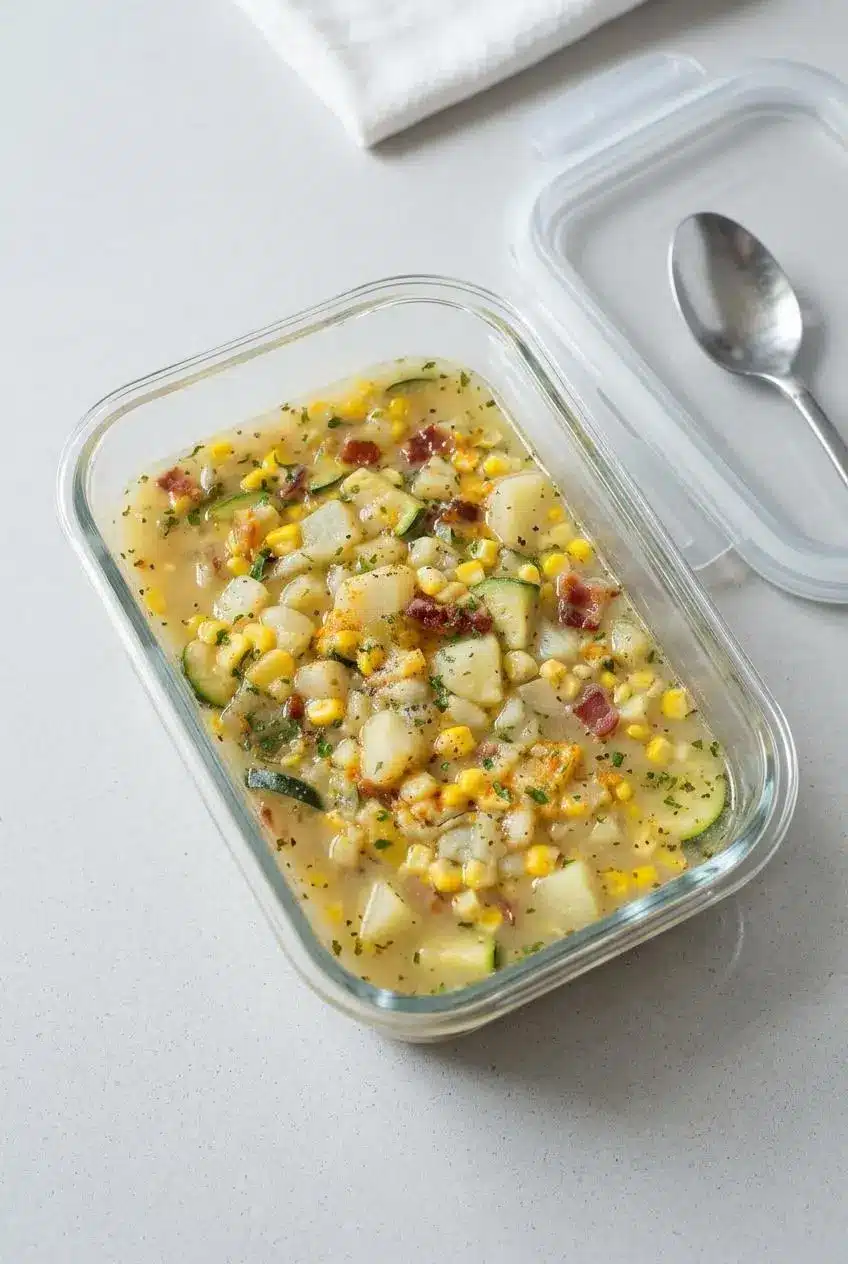 The corn chowder base, without dairy, portioned into a clear glass food storage container on a kitchen counter, ready to be refrigerated.