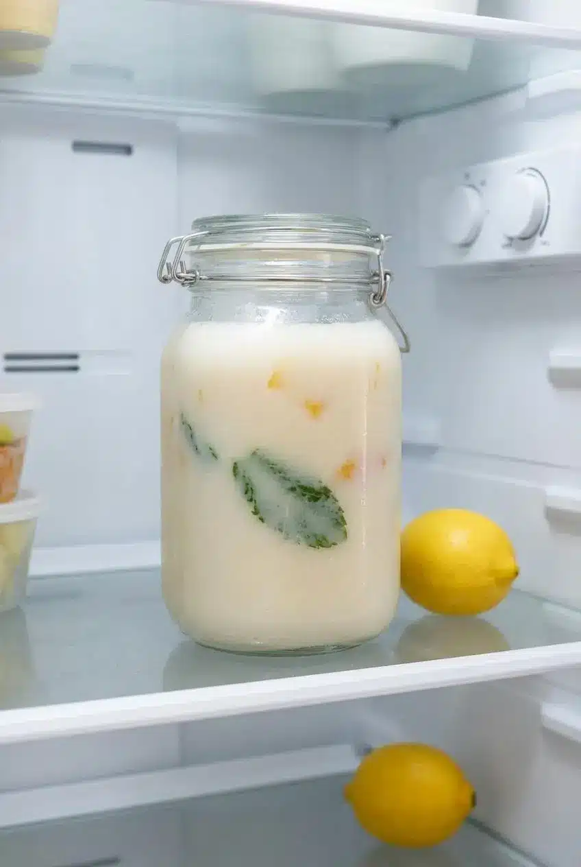 A large sealed glass jar of pale-yellow creamy lemonade stored on a clean glass shelf inside a refrigerator.