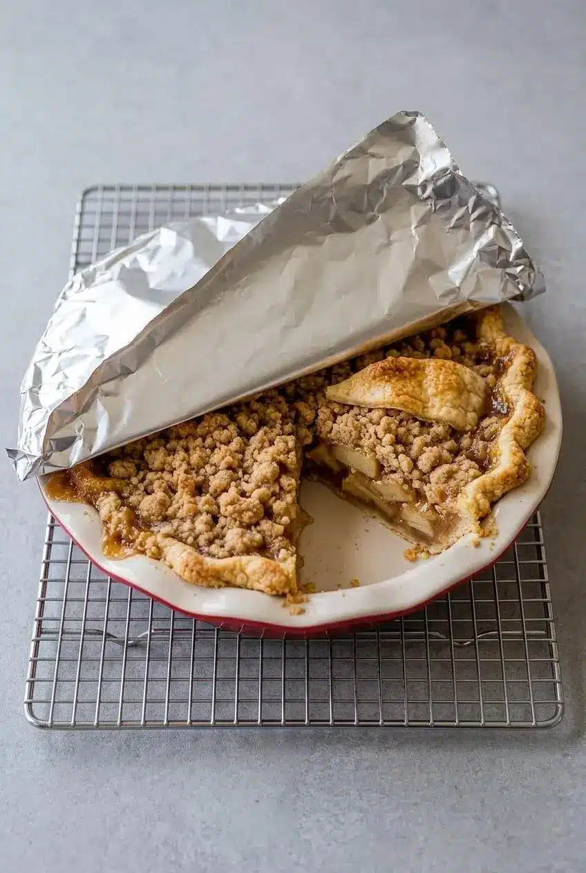 A Dutch apple pie on a wire cooling rack, with one slice removed, being loosely covered with aluminum foil to demonstrate proper storage.