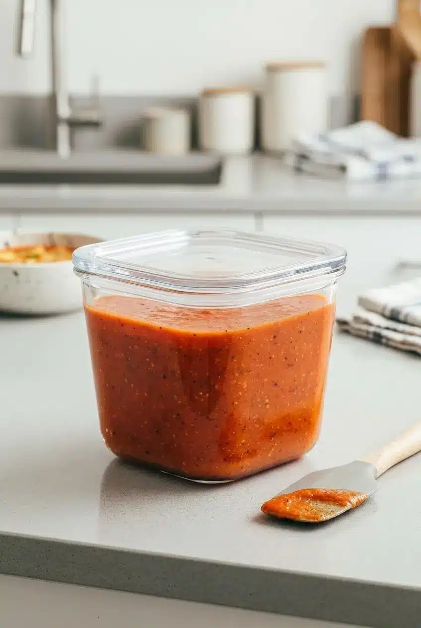 A sealed glass airtight container full of leftover gazpacho, sitting on a kitchen counter next to a spatula.