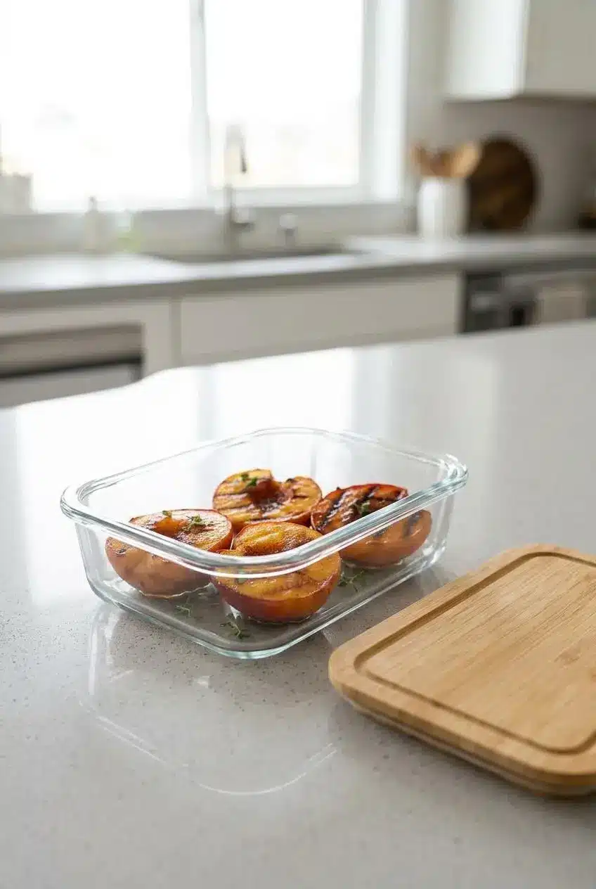 Four cooled grilled peach halves arranged neatly in a single layer inside a clear glass food storage container on a kitchen counter.