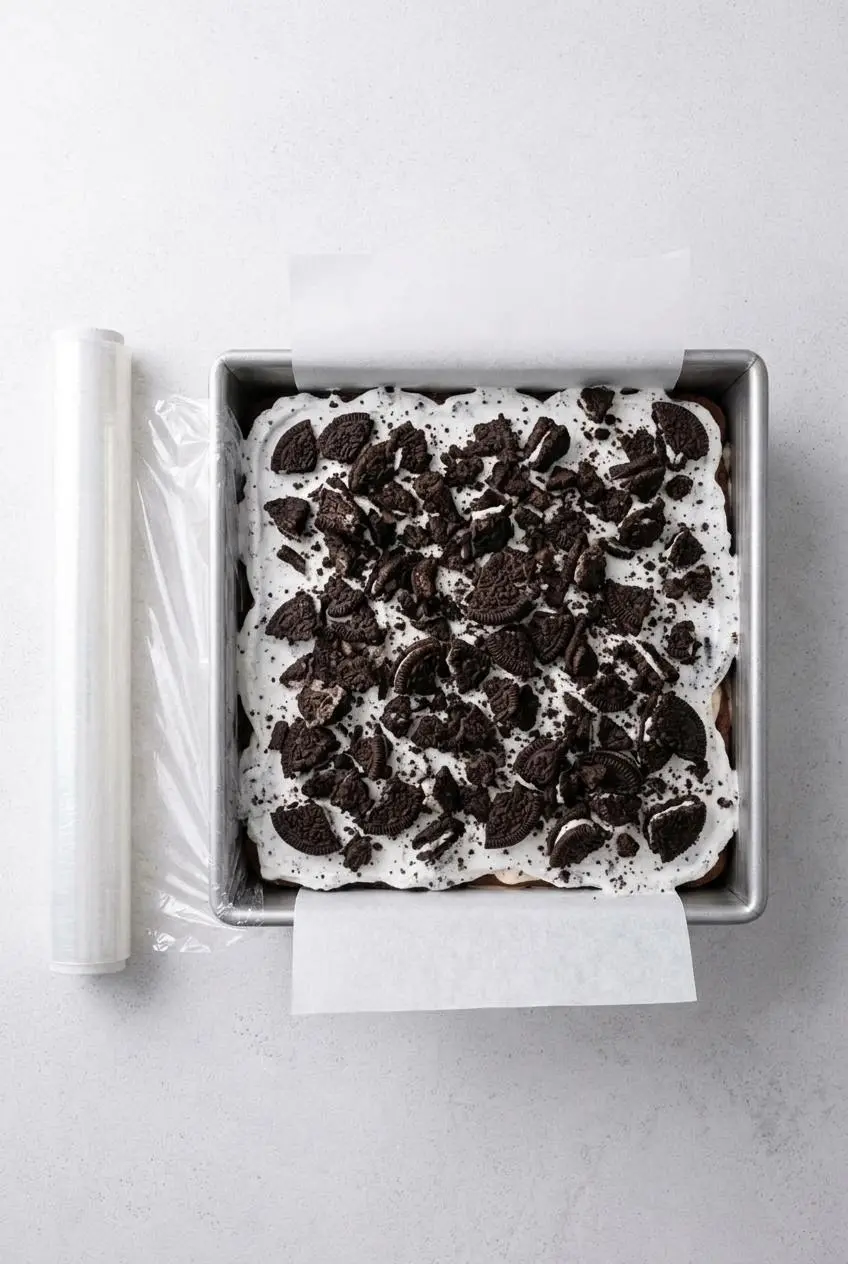 An uncut ice cream sandwich cake in a square baking pan lined with parchment paper overhangs, ready to be covered and stored in the freezer.