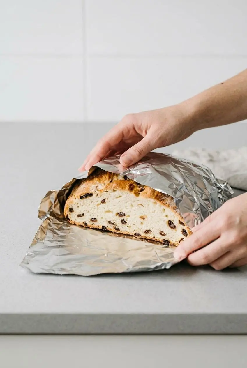 Hands wrapping a cooled half-loaf of Irish soda bread with raisins in aluminum foil on a kitchen counter.