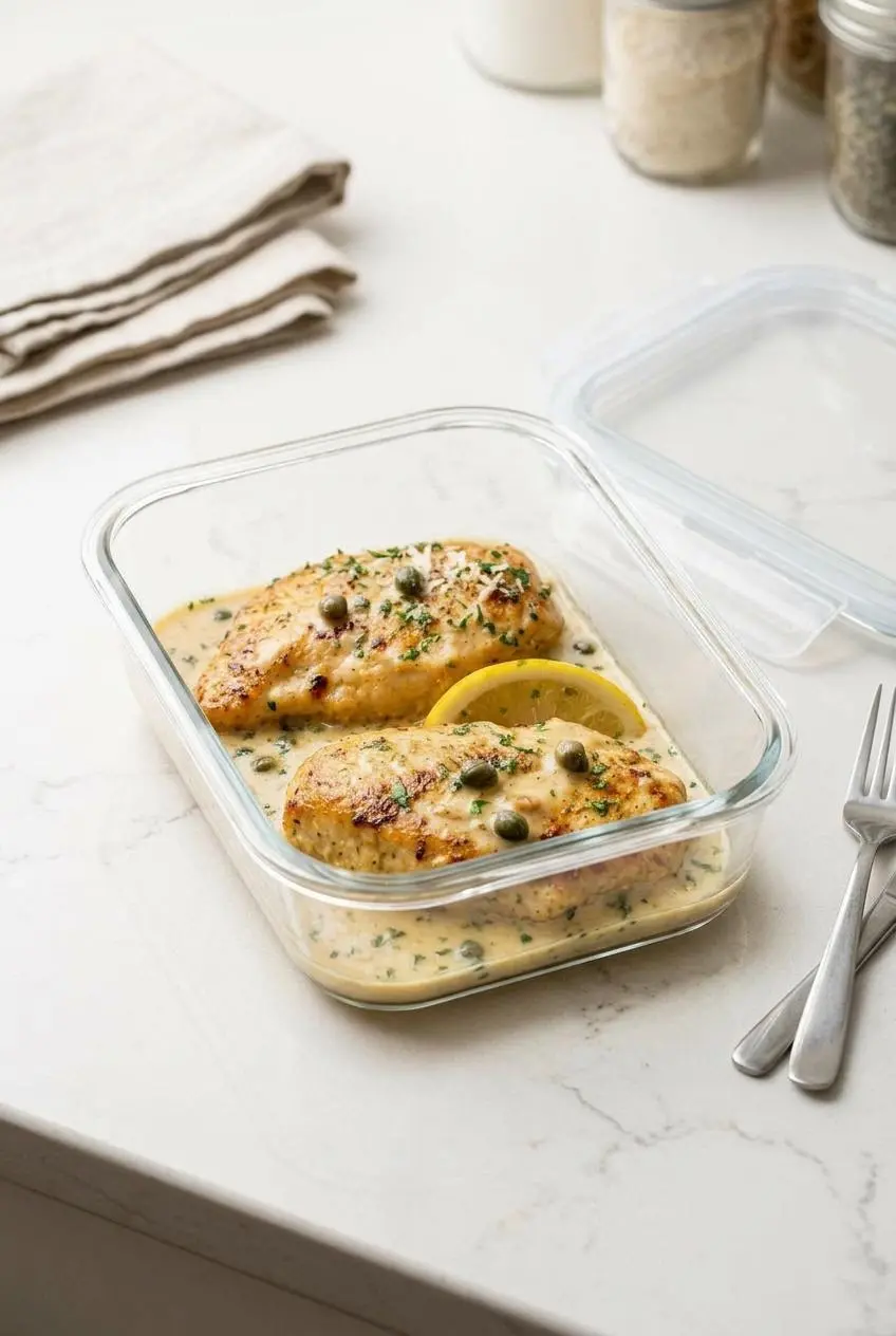 Leftover chicken piccata with creamy sauce stored in a rectangular glass container on a kitchen counter.
