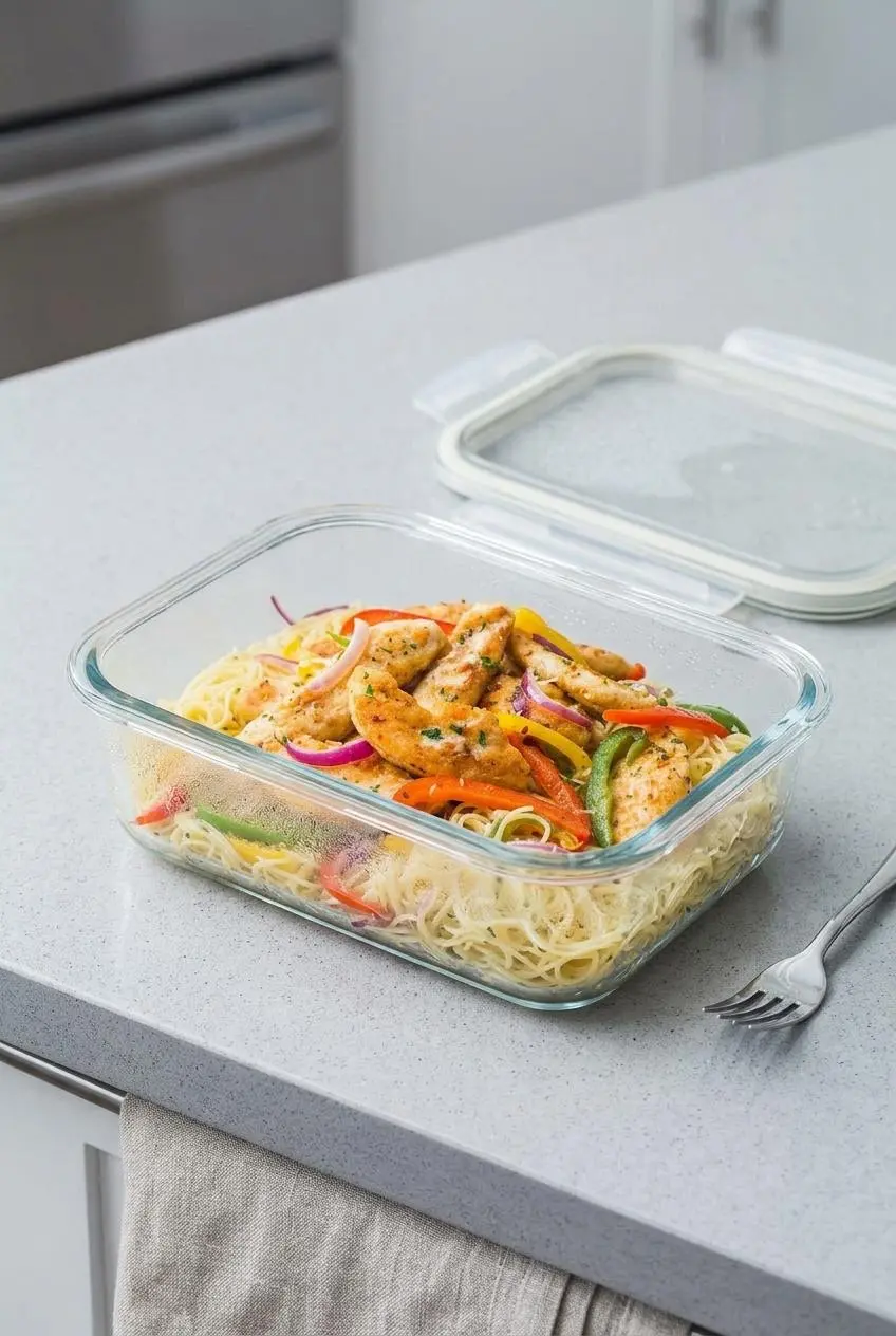 A single serving of leftover chicken scampi neatly placed in a rectangular glass food storage container, with the lid resting beside it.