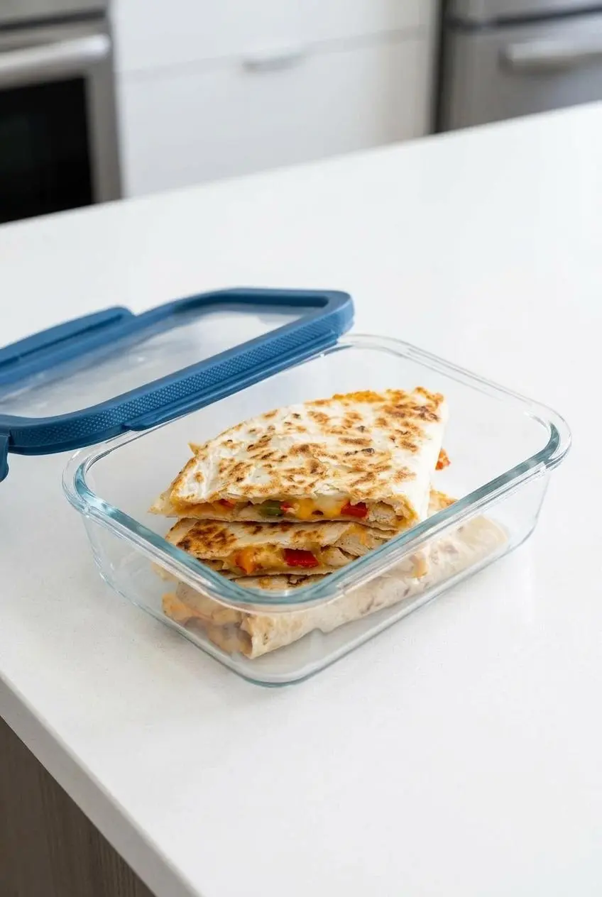 Two cooked chicken quesadillas stacked neatly in a rectangular glass food storage container, ready for refrigeration.